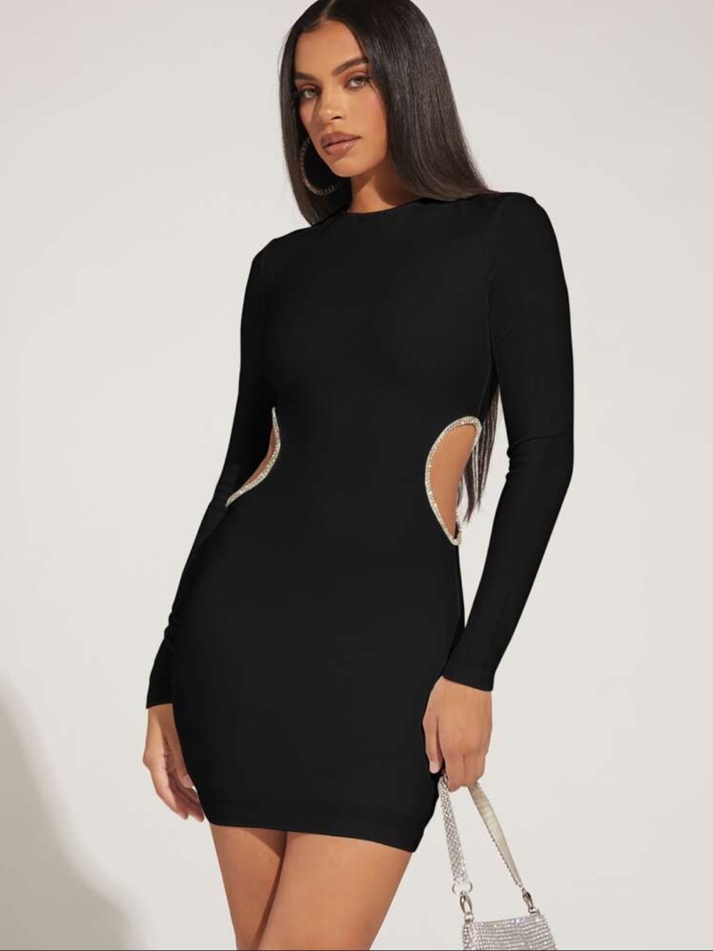 SHEIN BAE Cut Out Waist Rhinestone Black Bodycon Long Sleeve Dress Size Medium